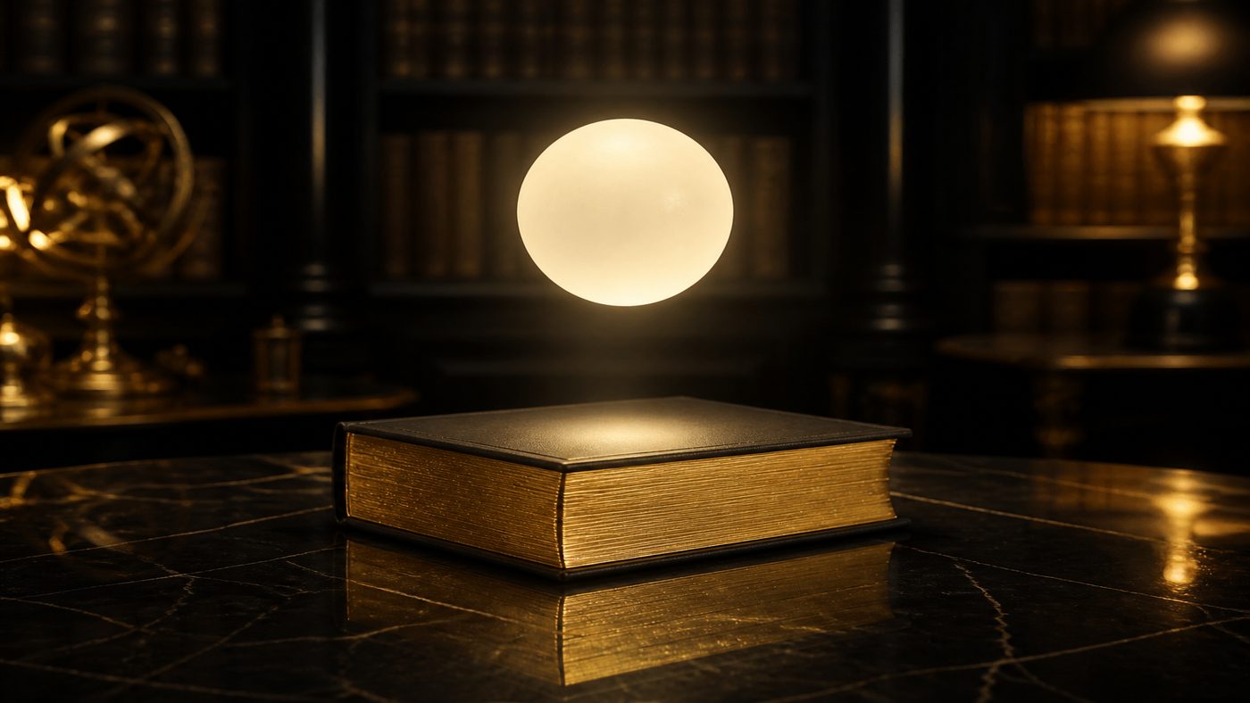 Dark library table with a closed gold-edged book and a hovering cream sphere of light