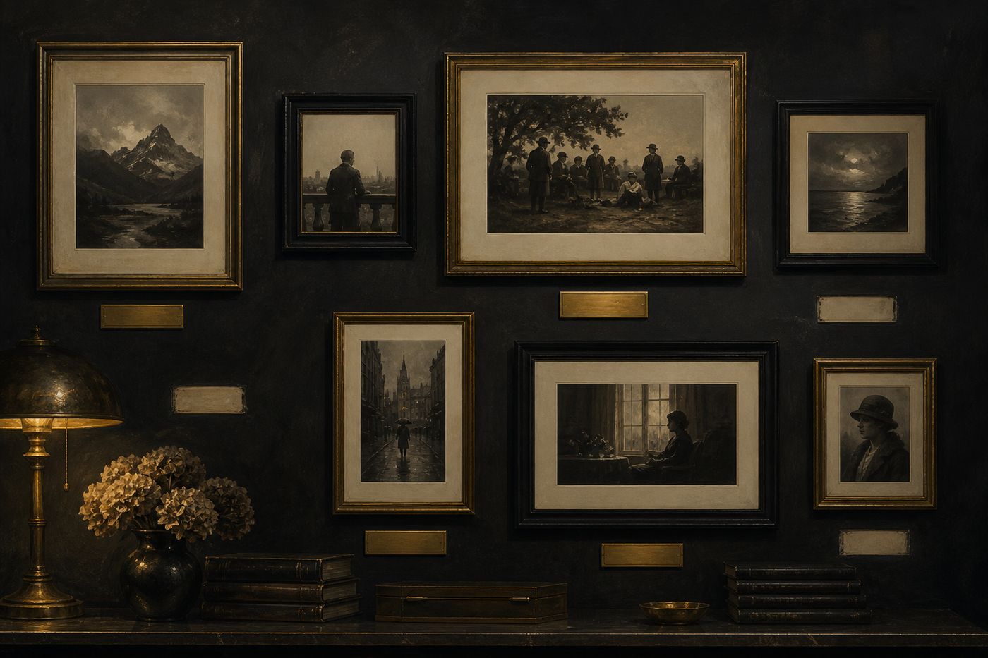 Framed photographs on a dark gallery wall, some with gold plaques and some with empty slots