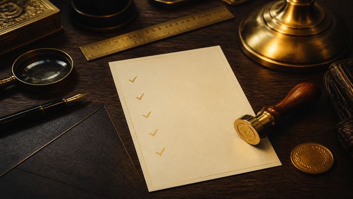 Dark oak desk with a gold wax-seal stamp, cream paper and a brass ruler