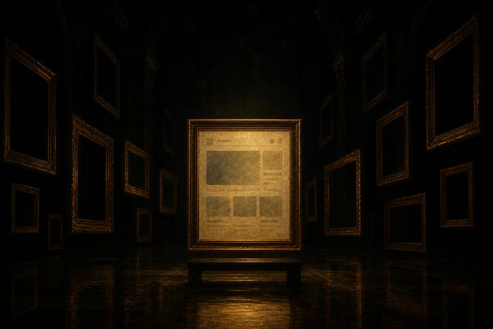 Empty gold picture frames in a dark hall, one frame holding a faint ghost of a website
