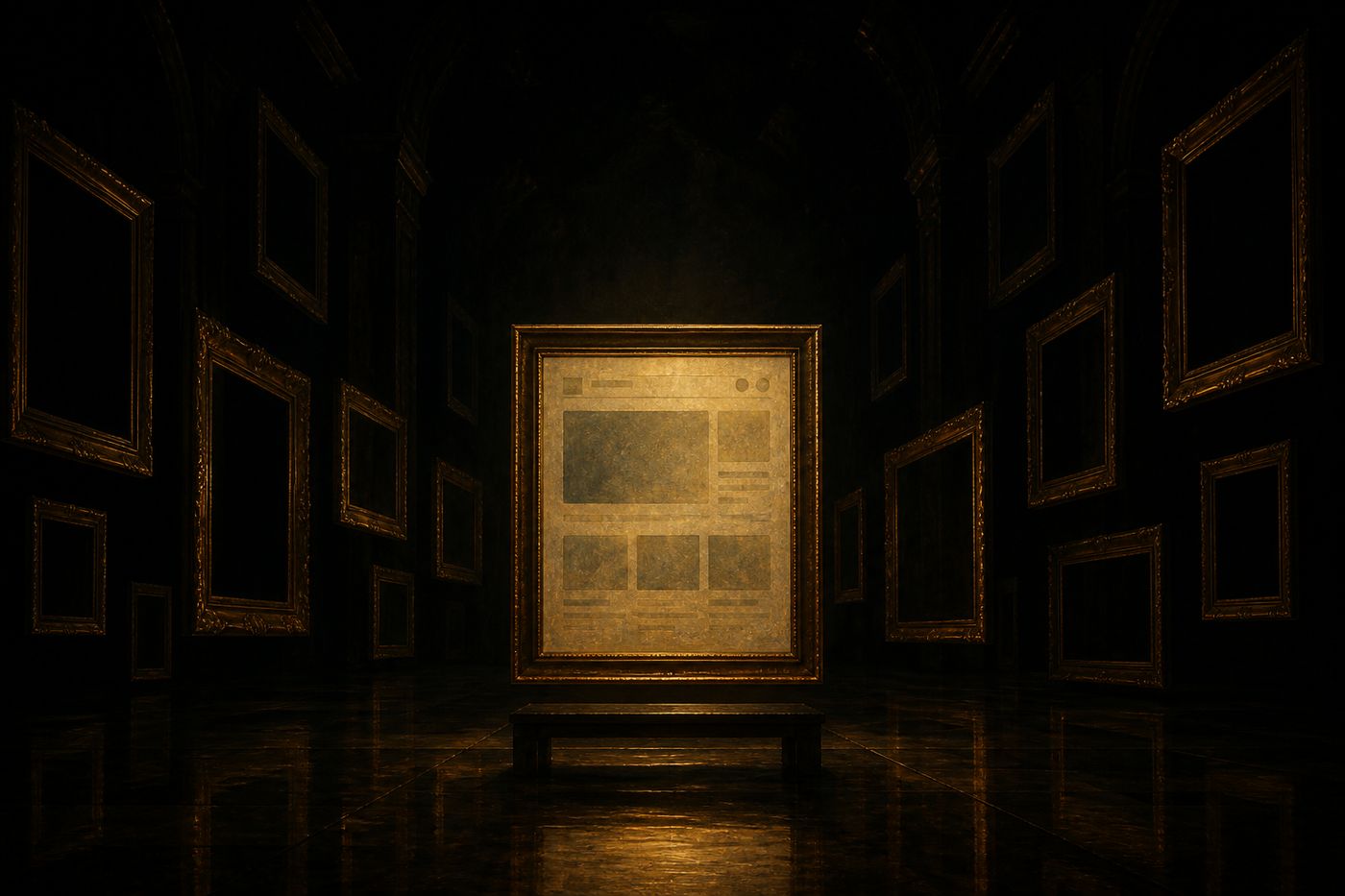 Empty gold picture frames in a dark hall, one frame holding a faint ghost of a website