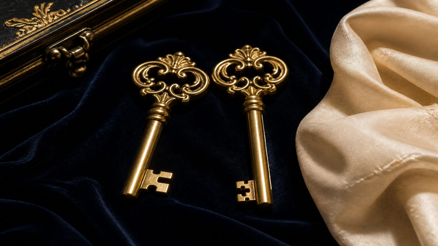 Two matching gold keys on dark velvet, slightly different cuts