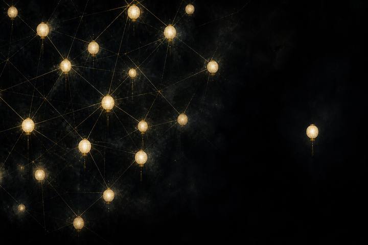 Cream lanterns connected by gold threads, one lantern isolated in the dark
