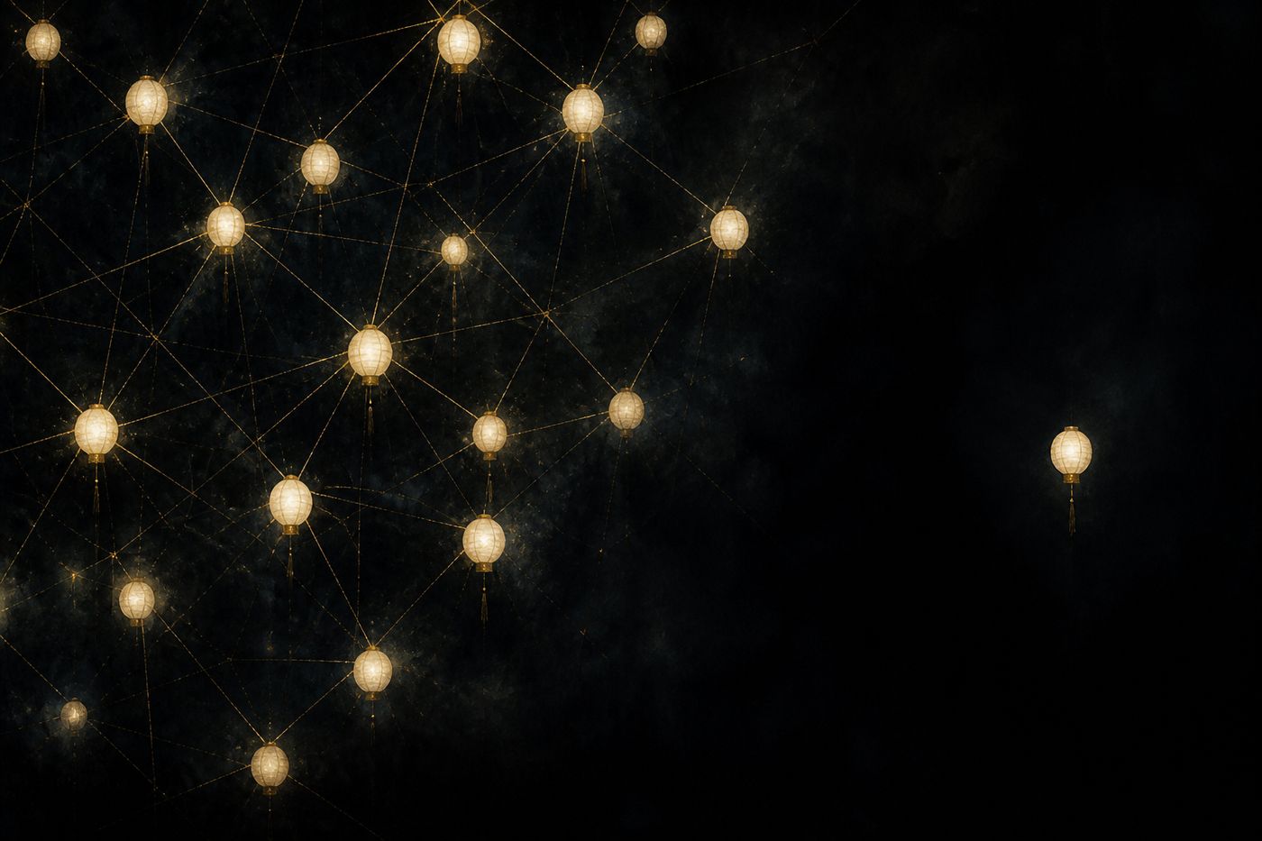 Cream lanterns connected by gold threads, one lantern isolated in the dark