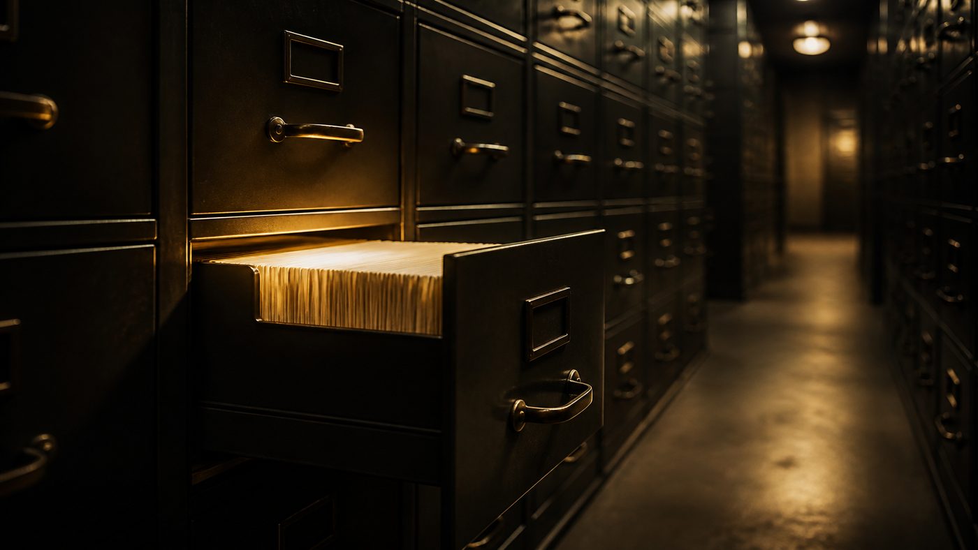 Dark filing cabinets, one drawer open with a warm gold glow and cream paper edges