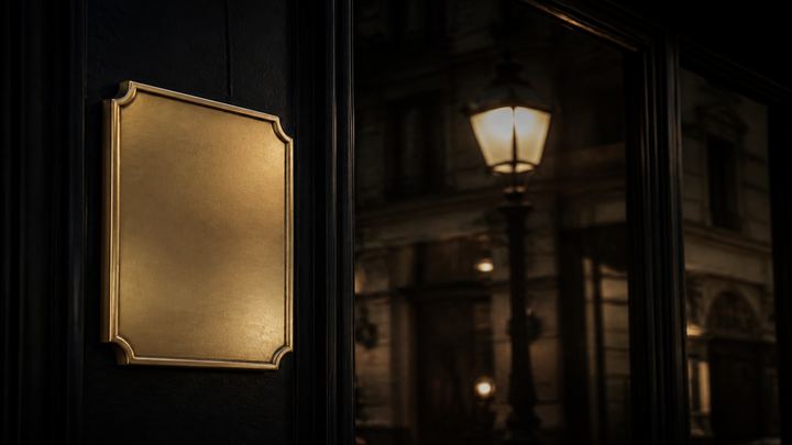 Empty gold plaque on a dark shopfront window at night