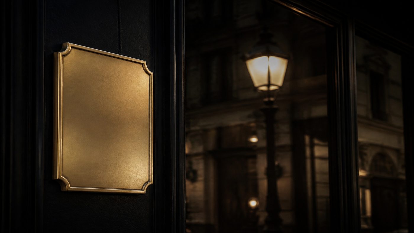 Empty gold plaque on a dark shopfront window at night