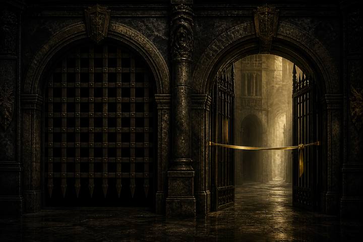 Two gates in a dark corridor: one portcullis fully down, one open with a gold ribbon across it