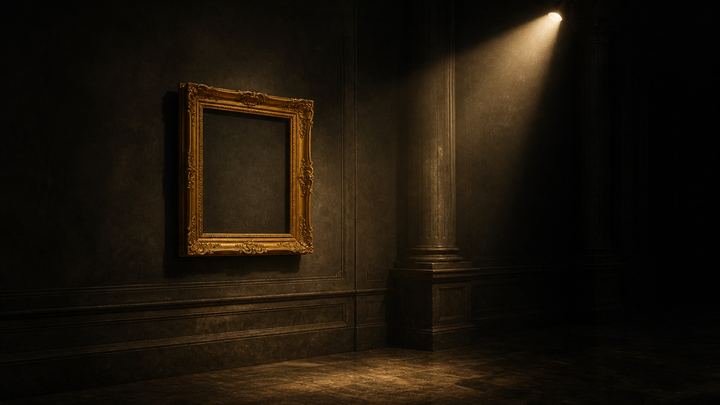 Empty gold picture frame on a dark museum wall under a single cream spotlight