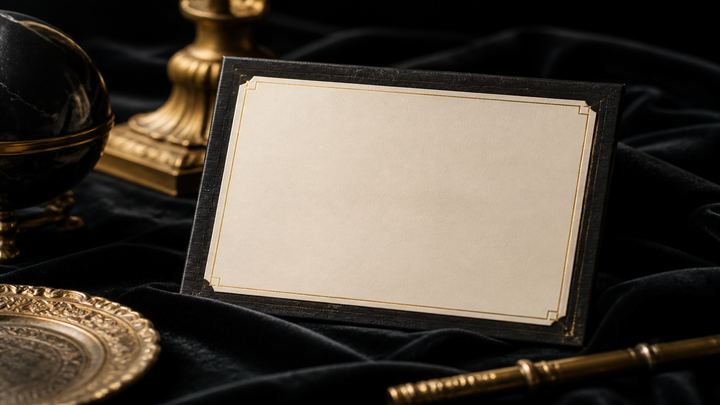 Blank cream share card with a gold border on black velvet