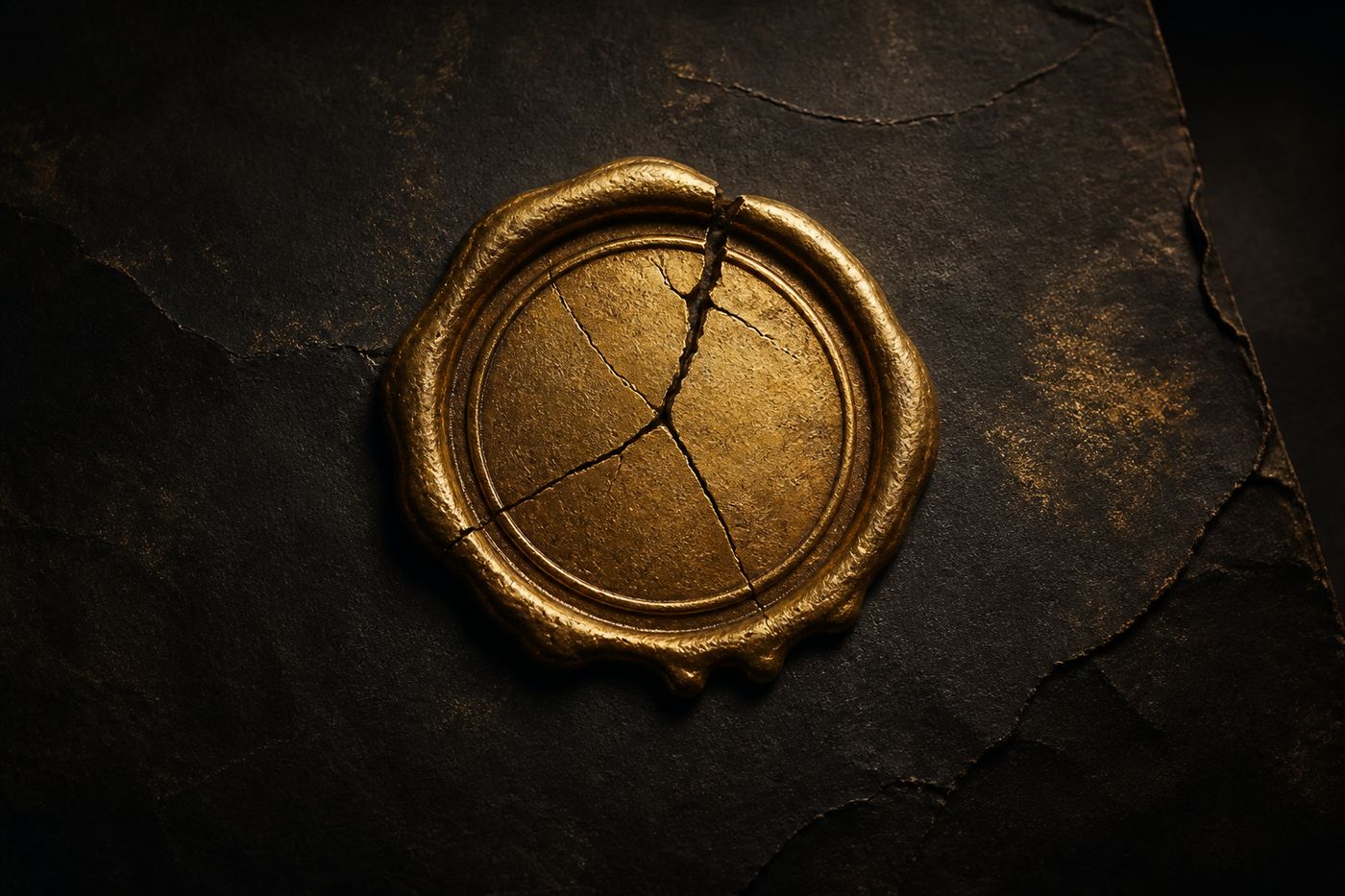 Cracked antique gold wax seal on dark parchment