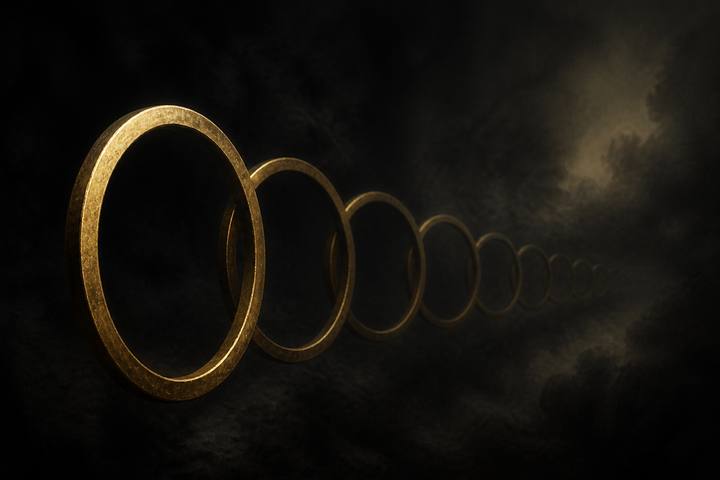 A chain of gold rings stretching into fog, the nearest ring lit, the last dim