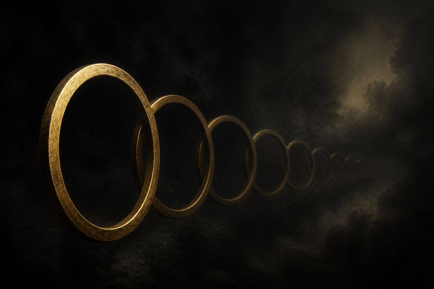 A chain of gold rings stretching into fog, the nearest ring lit, the last dim