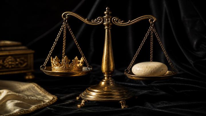 Antique gold balance scale on black velvet, a small crown on one pan