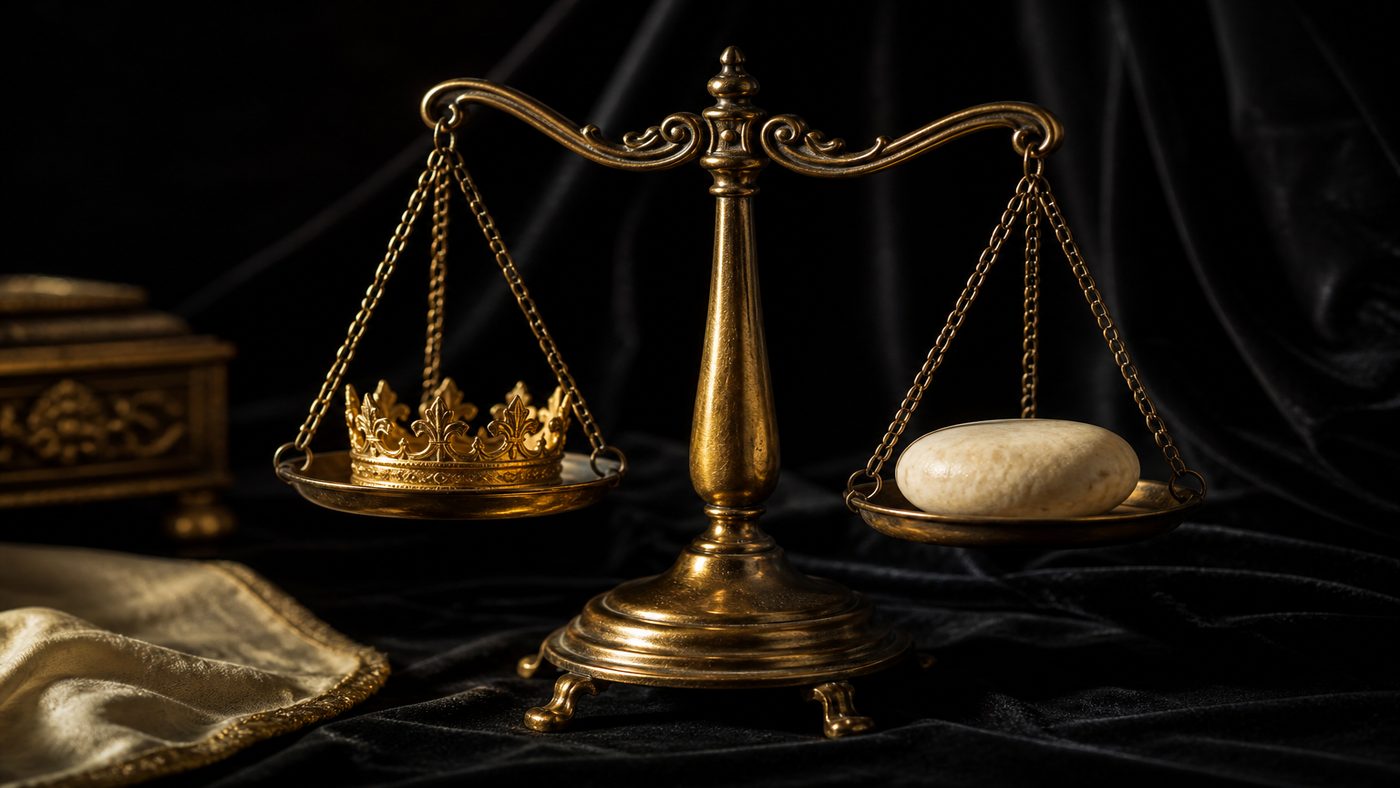 Antique gold balance scale on black velvet, a small crown on one pan