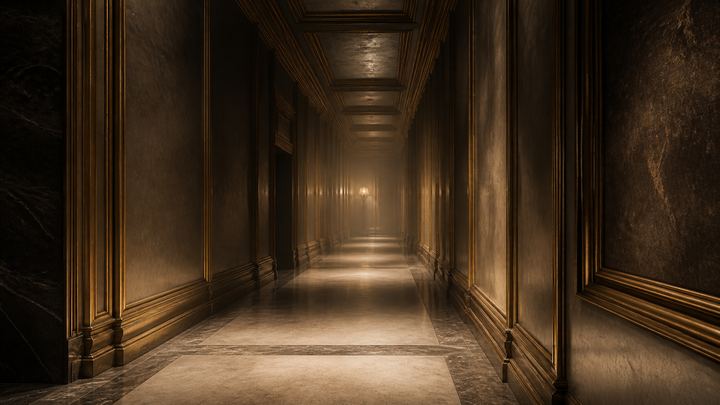 Long gold corridor receding into haze under a distant lamp