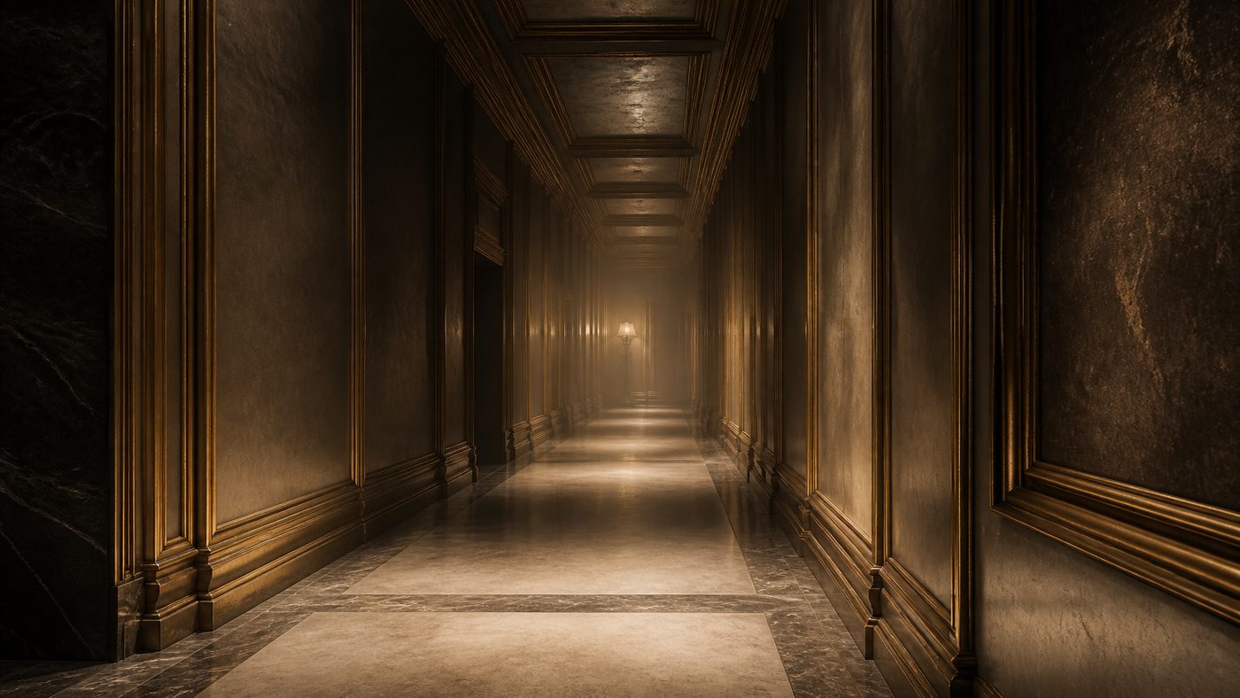 Long gold corridor receding into haze under a distant lamp