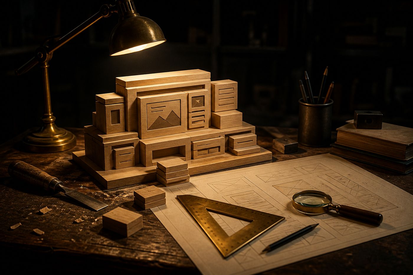 Craftsman workbench with a small wooden model of a site, gold set-square and cream plans under lamp light