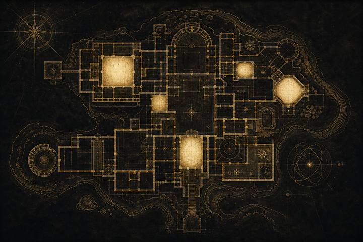 Gold architectural plan of a city-like website on dark paper