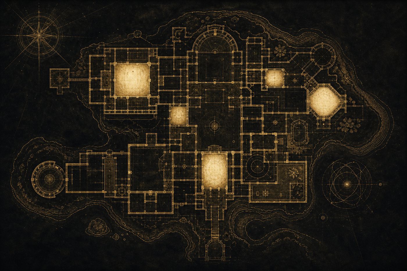 Gold architectural plan of a city-like website on dark paper